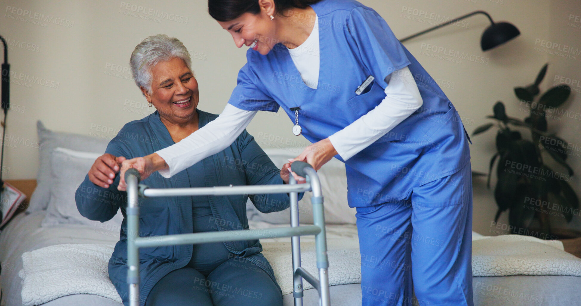 Buy stock photo Walking, help and nurse with senior woman for rehabilitation, healing or support at retirement home. Medical, physical therapy and caregiver with elderly person with disability for mobility recovery