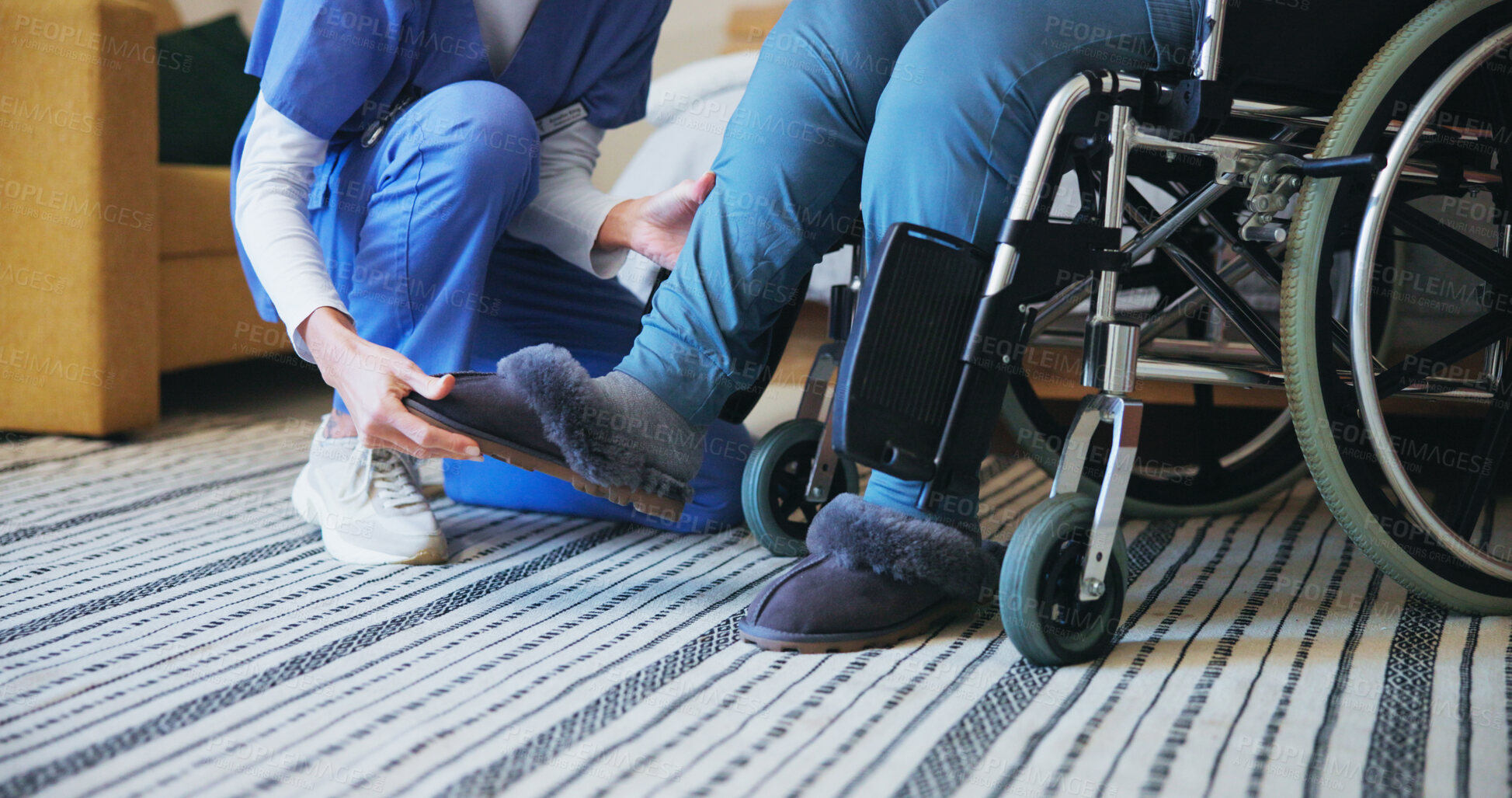 Buy stock photo Hands, nurse or shoes with wheelchair for support, elderly care or assisted living at retirement or old age home. Closeup, caregiver or volunteer helping person with a disability for mobility or walk