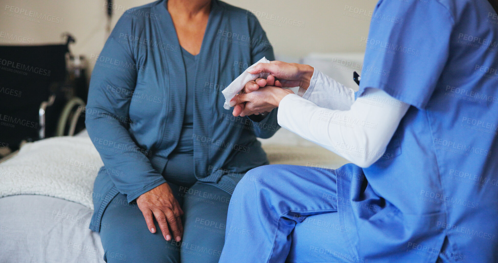 Buy stock photo Cleaning, hands or healthcare with nurse and patient in bedroom of home for hygiene or preparation. Getting ready, medical and tissue with medicine professional in apartment for sterile treatment