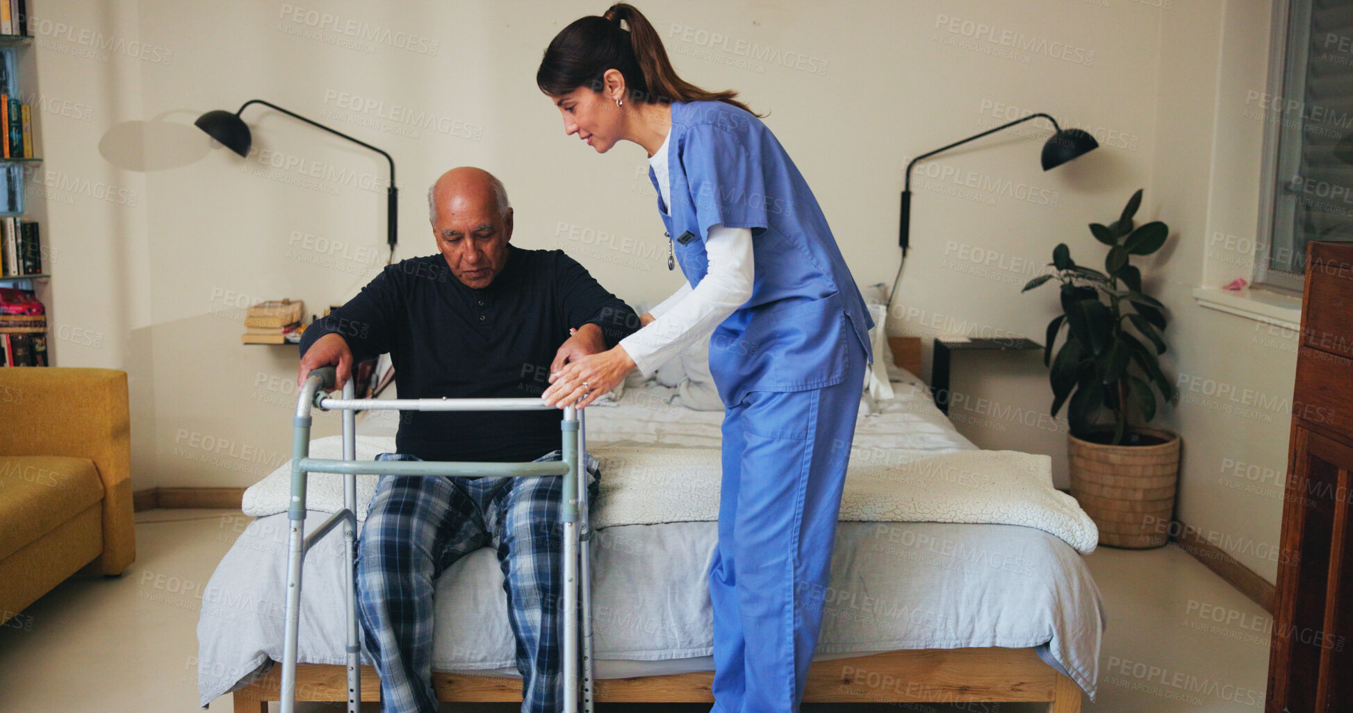 Buy stock photo Walking, medical and nurse with senior man for rehabilitation, healing or support at retirement home. Help, physical therapy and caregiver with elderly patient with disability for mobility recovery