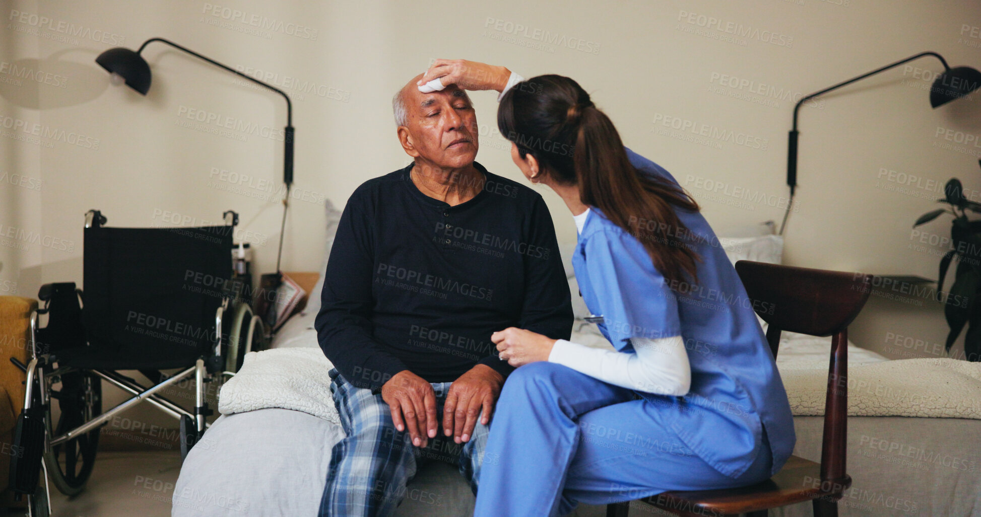 Buy stock photo Cleaning, hygiene and nurse with senior patient in assisted living home for healthcare. Cotton swab, medical or wipe down with medicine professional woman and old man in bedroom of apartment