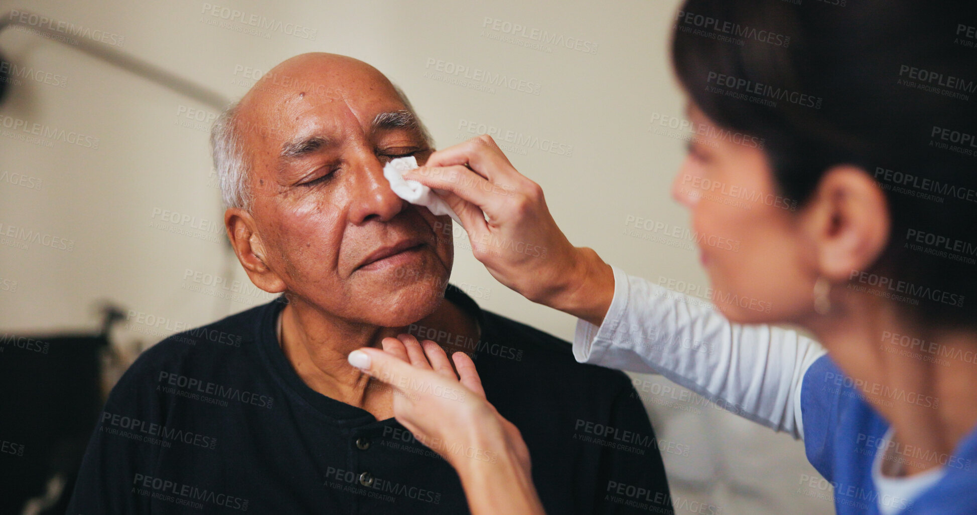 Buy stock photo Cleaning, face and hygiene with nurse and patient in assisted living home together for healthcare. Cotton swab, medicare or wiping with medicine professional woman and senior man in retirement