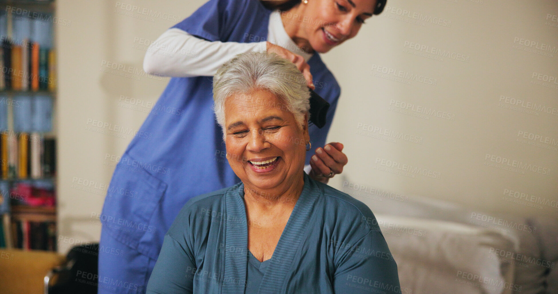 Buy stock photo House, brushing hair and senior woman with nurse, smile and help with grooming routine. Medical, professional and mature person with dermatology, elderly care and beauty with retirement and pensioner