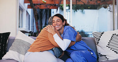 Buy stock photo Elderly woman, nurse and hug on sofa of healthcare support, medical service and good news of wellness. Smile, patient and volunteer with embrace for recovery progress, gratitude and treatment success