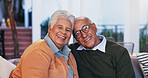 Smile, love and portrait of senior couple relaxing in home for bonding, marriage and connection. Happy, care and elderly man and woman on sofa with commitment together in living room at house.