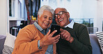 House, smartphone and senior couple on couch, smile and message to contact, texting and social media. People, apartment and old man with elderly woman on sofa, communication and cellphone in lounge