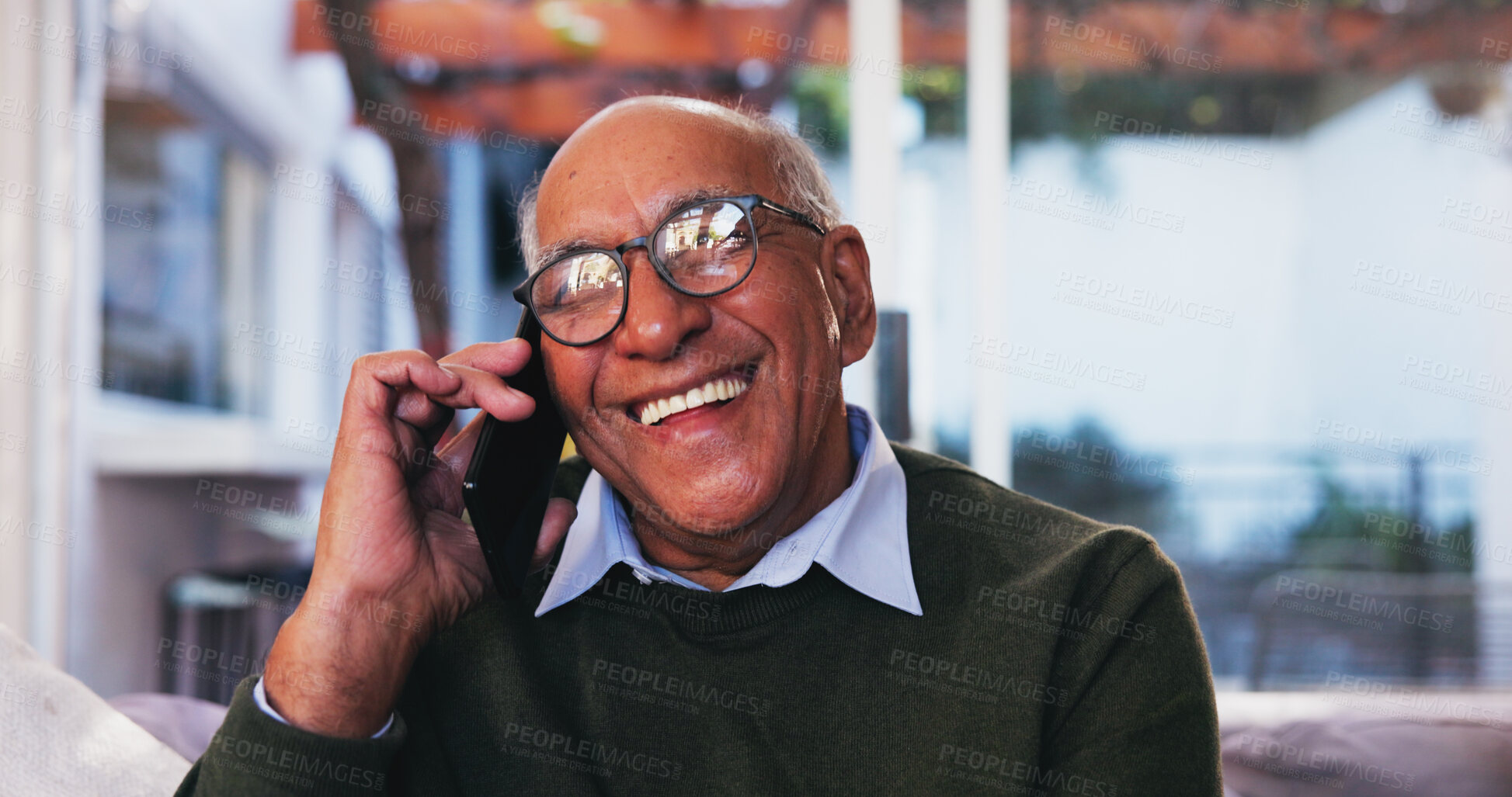 Buy stock photo Phone call, laughing and senior man in home, living room and conversation with contact and happy. House, communication and elderly person with smile for invite, lounge and planning for reunion