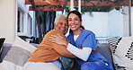 Old woman, nurse and portrait with hug in home for healthcare support, medical service and bonding together. Retirement care, caregiver and senior person with embrace, kindness and happy for recovery