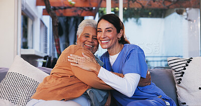 Buy stock photo Old woman, nurse and portrait with hug on sofa for healthcare support, medical service and bonding together. Retirement home, caregiver and senior person with embrace, homecare and happy for recovery