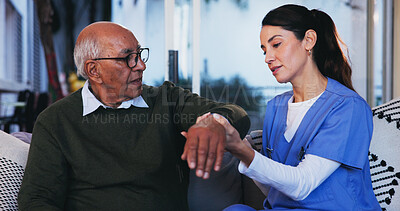 Buy stock photo Checkup, physical therapy and nurse with senior man on sofa in retirement home for arm exercise. Help, compassion and caregiver with elderly patient for medical muscle movement at assisted living.