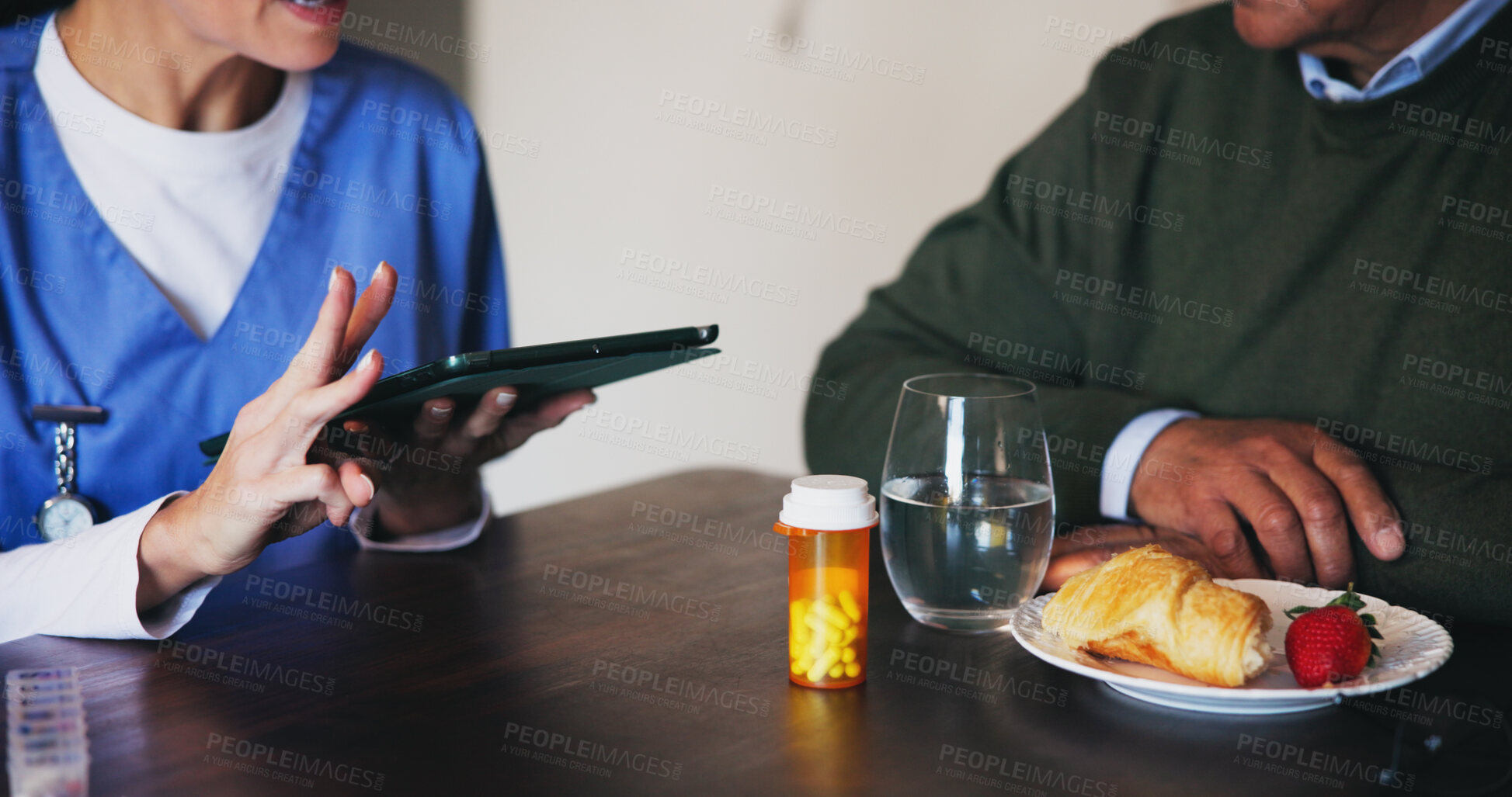 Buy stock photo Hands, nurse and explain medicine with tablet for old patient, medical results and prescription. People, talk and digital of diet instruction for daily drugs, healthcare report and meal plan wellness