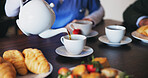 Hands, nurse and tea at breakfast in home with help, support and care for patient in recovery. People, caregiver and assisted living with teapot, drink and food for nutrition, wellness and health