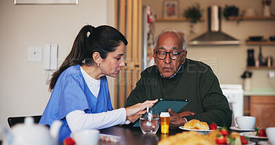 Buy stock photo Tablet, conversation and nurse with senior man at assisted living for diet meal plan explanation. Digital technology, healthcare and caregiver with elderly patient for medication in retirement home