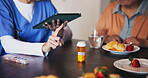 Hands, caregiver and explain medicine with tablet for patient wellness, medical results and prescription. People, talk and digital of diet instruction for daily drugs, healthcare report and meal plan