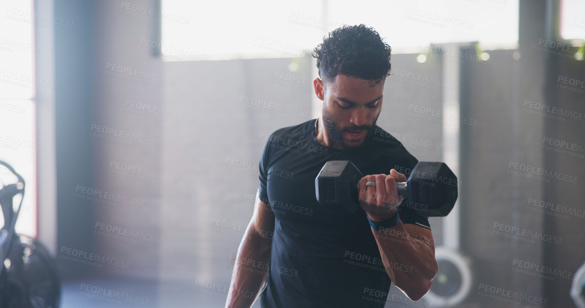 Buy stock photo Fitness, man or dumbbell in gym for weightlifting, strong arm muscle development or intense workout. Body builder, exercise or sweating with weight for strength training, commitment or sport activity