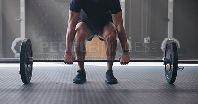 Buy stock photo Barbell, hands and man in gym, training and exercise for health, challenge and workout. Person, athlete and bodybuilder in wellness center, equipment and energy with power, muscle and fitness