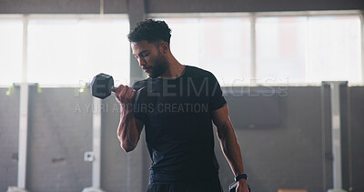 Buy stock photo Dumbbells, fitness and man in gym, training and energy with exercise, strength and challenge. Healthy person, athlete and bodybuilder in wellness center, resilience and workout with power or progress