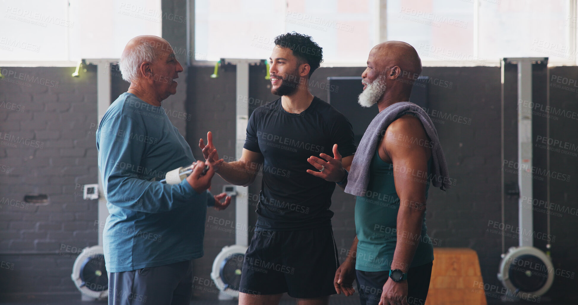 Buy stock photo Mature men, personal trainer and friends in gym for exercise, workout or training discussion. Physical therapy, support and help with routine with fitness, planning and wellness for retirement health