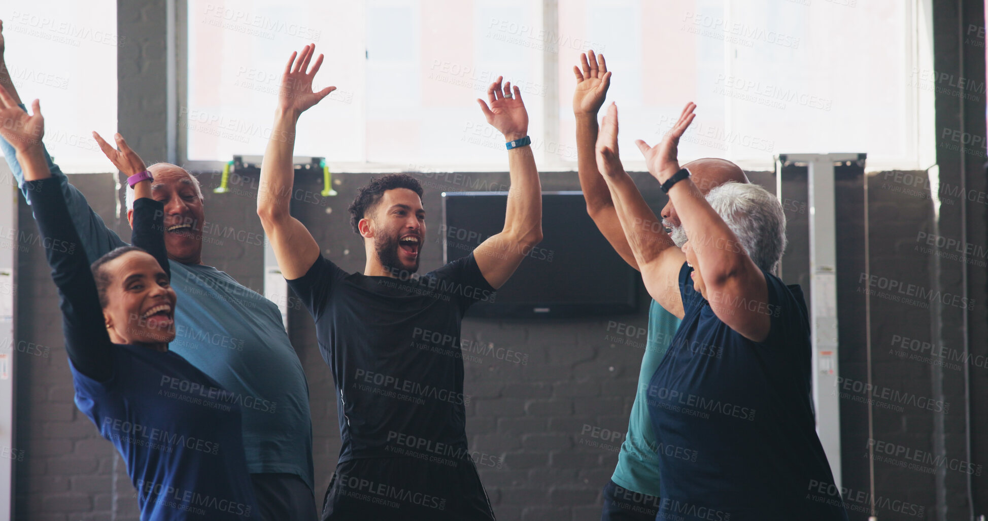 Buy stock photo Mature people, personal trainer and celebration in gym class for exercise, workout or training. Physical therapy, support and goal with team building for fitness, coach and retirement health cardio