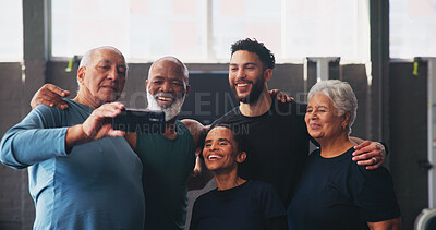 Buy stock photo Mature people, personal trainer and group selfie in gym class for exercise, workout or training. Physical therapy, support and profile picture with team for fitness, coach and retirement health club