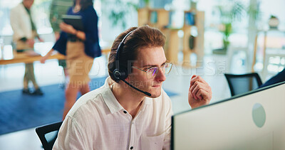 Buy stock photo Business, call center and man with computer, conversation and customer support in modern office. Person, employee and consultant for insurance company, telemarketing or online reading for client info