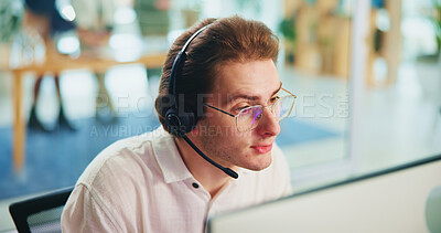 Buy stock photo Business, customer service and man with pc, telemarketing and tech support in office. Person, employee or consultant for insurance company, call center or online reading for client info or help desk