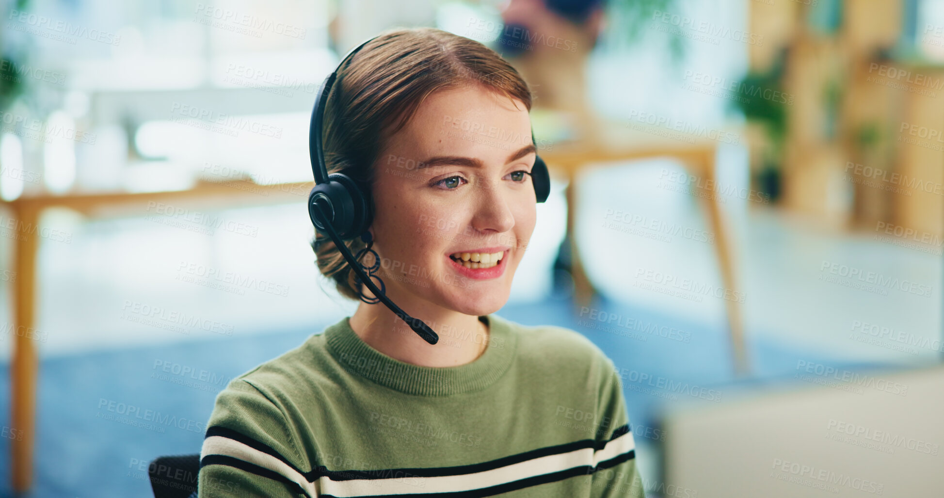 Buy stock photo Smile, woman and headset with computer in call centre of communication, customer service and ecommerce. Happy, female agent and talking with mic of telemarketing help, website faq and online solution