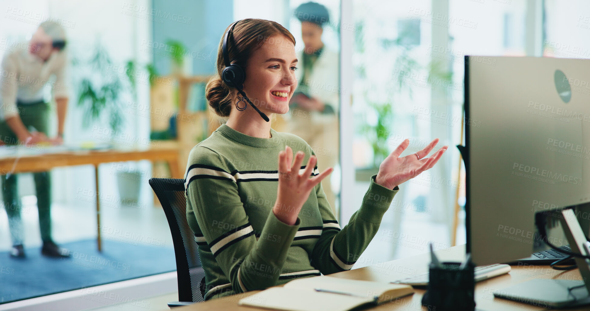 Buy stock photo Happy, woman and headset with computer in call centre of communication, customer service and ecommerce. Smile, female agent and talking with mic of telemarketing help, website faq and online solution