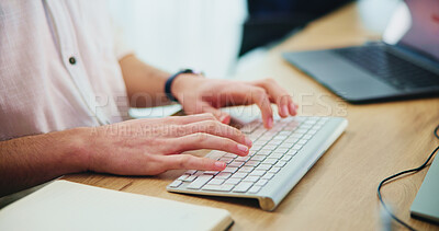Buy stock photo Employee, hands and man at desk, keyboard and laptop with internet, typing and email. Professional, creative agency and person in office, computer or technology with connection or website information