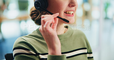 Buy stock photo Hands, woman and headset with computer in call centre of communication, customer service and ecommerce. Smile, female agent and talking with mic of telemarketing help, website faq and online solution