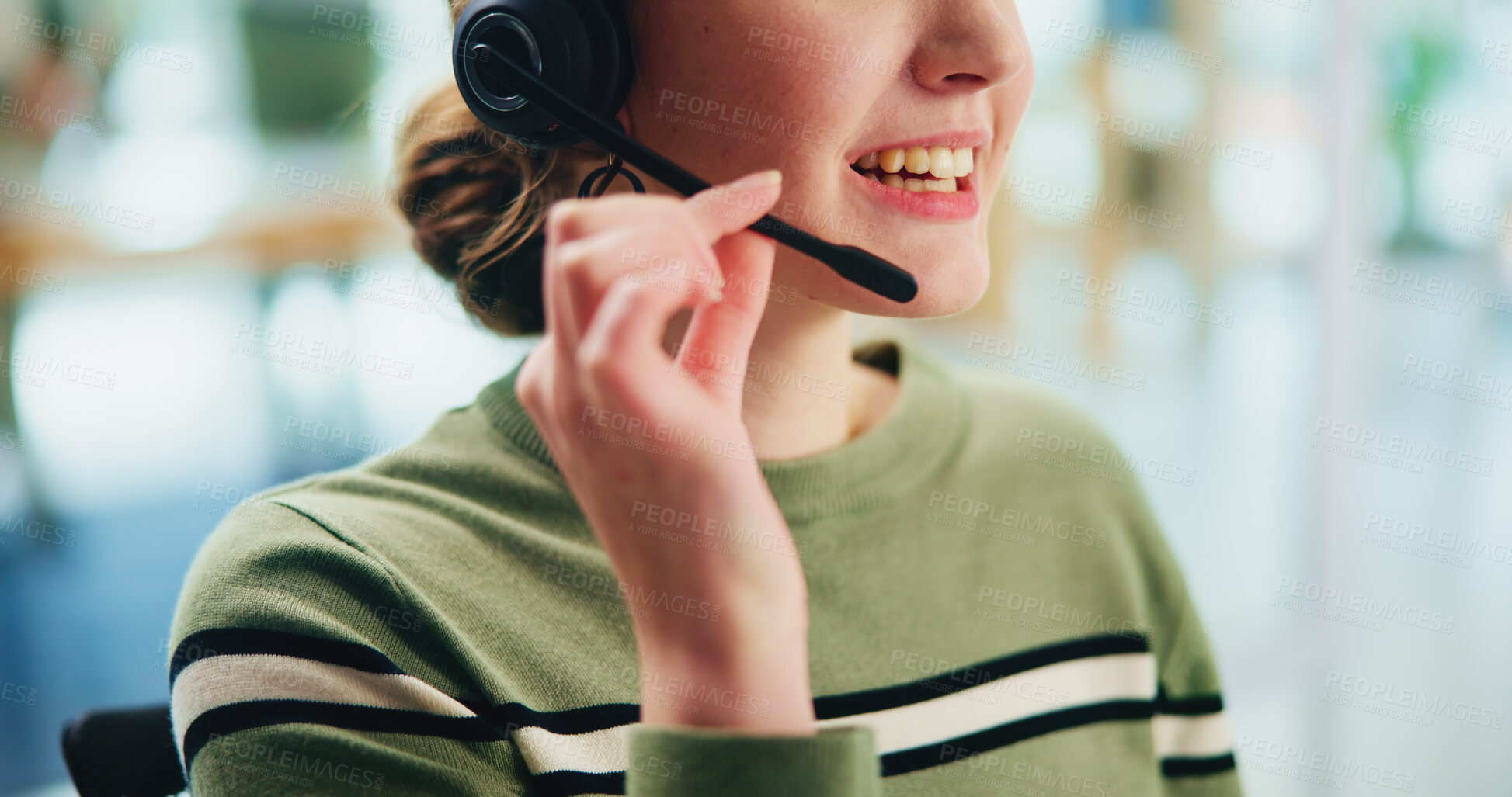 Buy stock photo Hands, woman and headset with computer in call centre of communication, customer service and ecommerce. Smile, female agent and talking with mic of telemarketing help, website faq and online solution