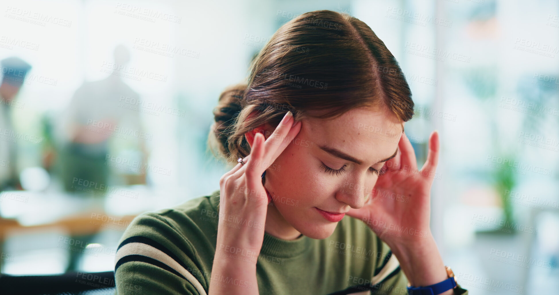 Buy stock photo Tired, woman and headache with stress in office of project mistake, designer brain fog and fatigue. Female person, migraine and overworking for deadline pressure, vertigo and burnout of proposal risk