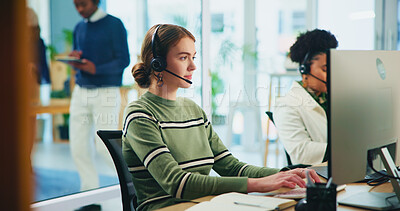 Buy stock photo Business people, call center and woman with computer, telemarketing and employees in modern office. Person, help desk and consultant for insurance company, headset and online reading for client info
