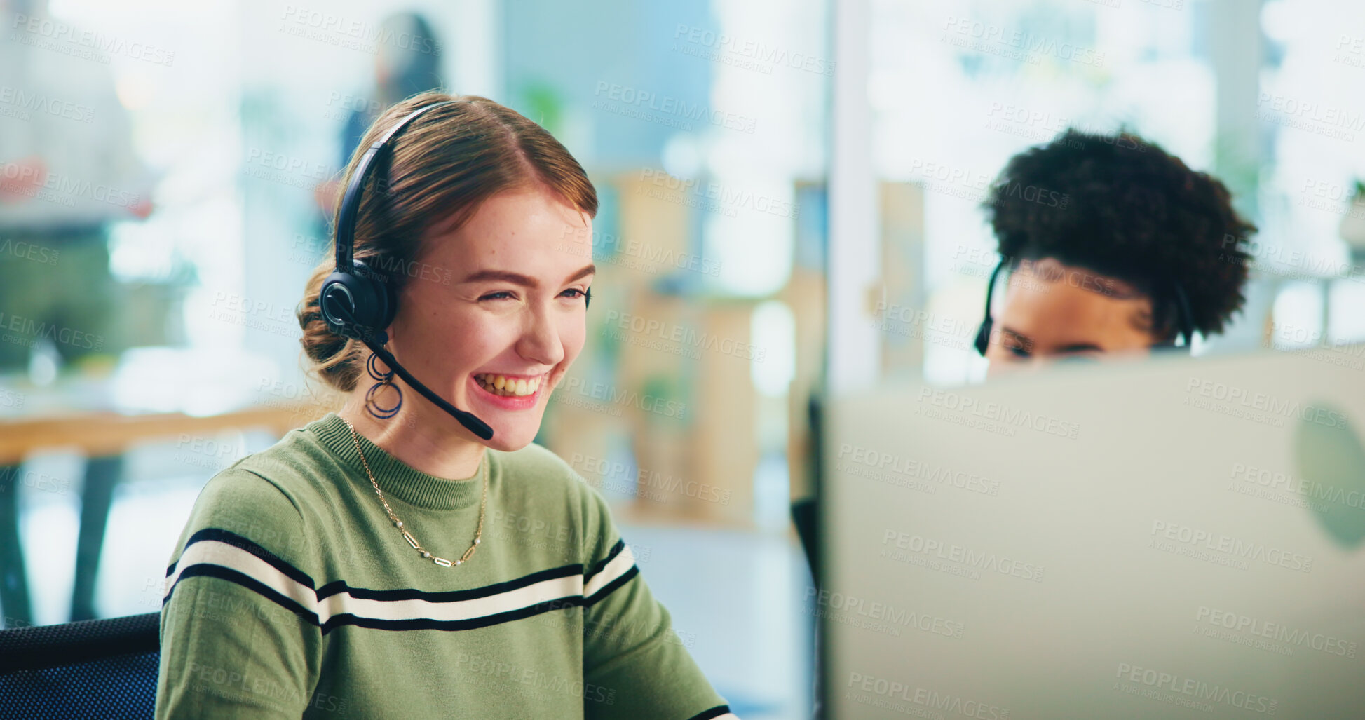 Buy stock photo Consultant, business woman and excited with computer for telemarketing, sale commission and pride. Coworking, person and online with advisor for customer service, support goals and smile in office