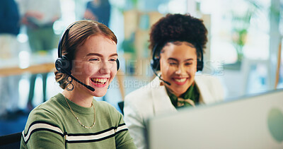 Buy stock photo Consultant, business women and happy with computer for telemarketing, sale commission and pride. Coworking, people and friends with teamwork for customer service, support goals and excited in office