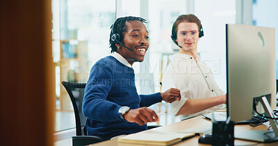 Buy stock photo Consultant, business men and excited with computer for telemarketing, sale commission and pride. Coworking, people and friends with teamwork for customer service, support goals and smile in office