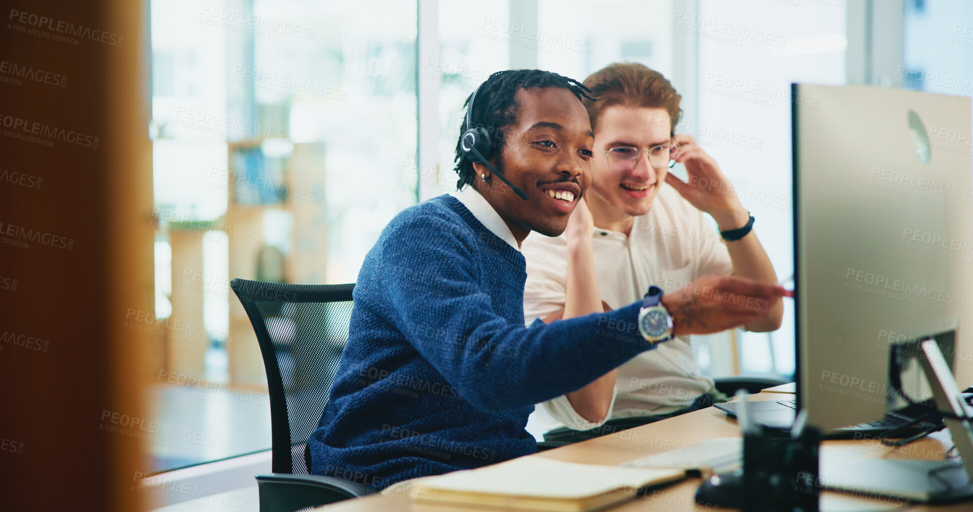 Buy stock photo Consultant, business people and discussion with computer for sale, telemarketing commission and pride. Coworking, men and friends with teamwork for customer service, goals and smile in office