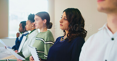 Buy stock photo Resume, recruitment and group of business people in waiting room at startup for fashion magazine editing. Cv, hiring and woman prepare for interview, job search and thinking of creative opportunity