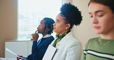 Buy stock photo Thinking, hiring and business people in waiting room for interview at startup for fashion magazine editing. Cv, recruitment and group prepare for job search, hr and creative decision with competition