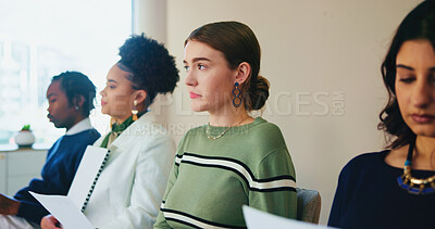 Buy stock photo Thinking, hiring and business people in waiting room for interview at creative startup for fashion magazine editing. Resume, recruitment and group prepare for job search, hr decision and competition