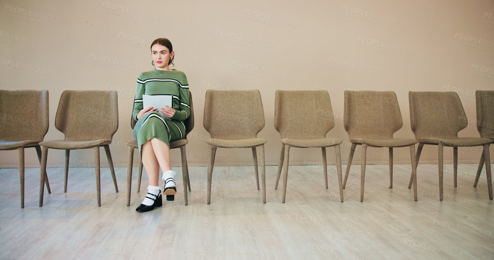 Buy stock photo Thinking, hiring or business woman in waiting room for interview at creative startup for copywriting. Resume, recruitment or candidate prepare for job search, hr decision or planning with cv document