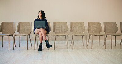 Buy stock photo Thinking, recruitment and business woman on laptop at creative startup for idea, inspiration or decision. Computer, hiring and person prepare for interview, job search and planning in waiting room
