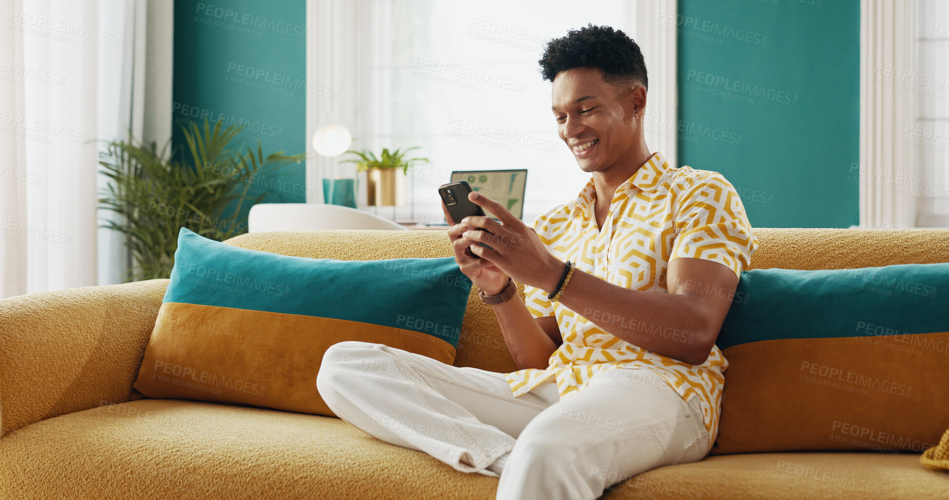 Buy stock photo Man, student and smile with phone at house of education results, university application and acceptance. Male person, mobile and good news of enrollment, scholarship feedback and approval notification