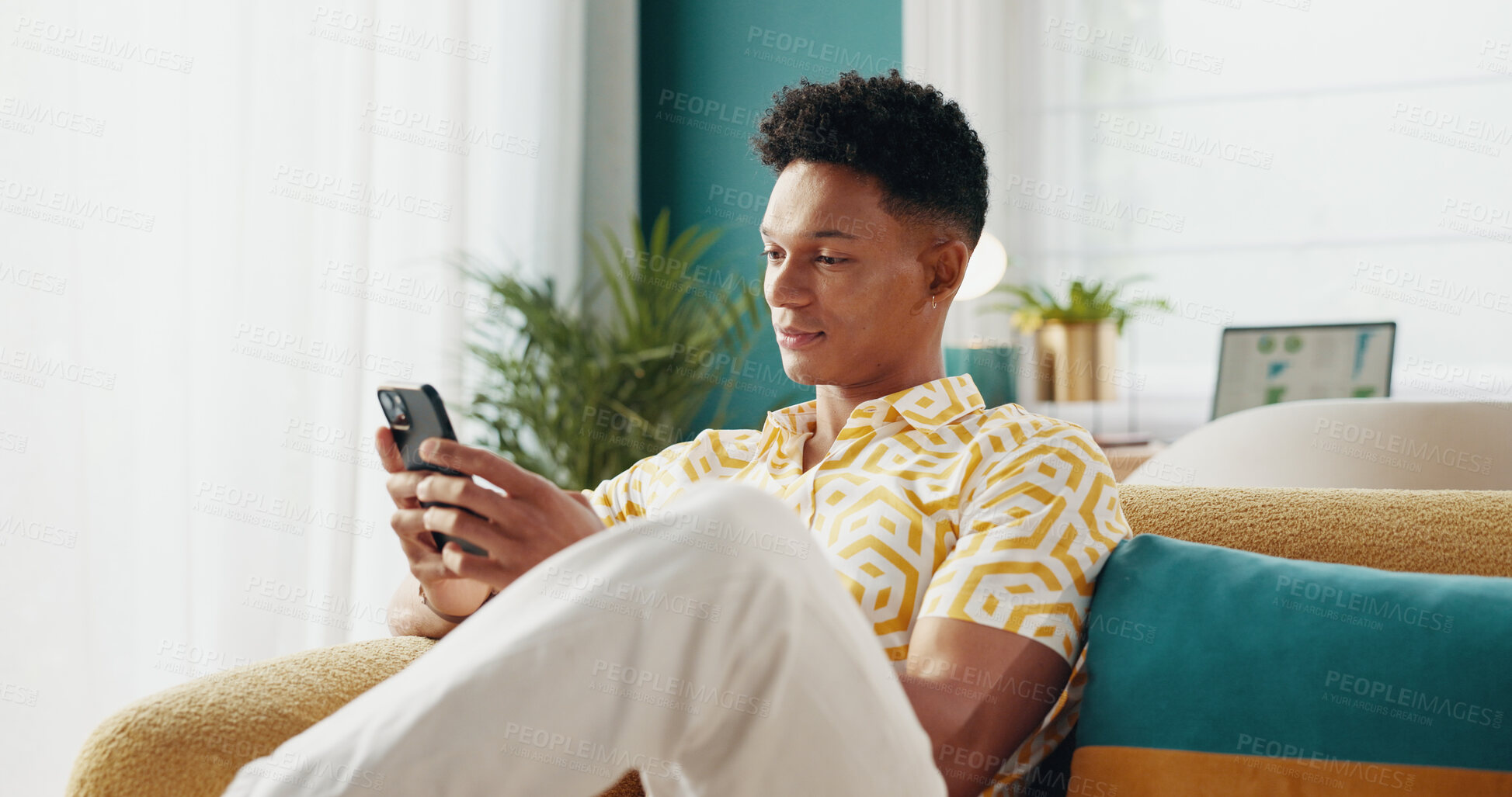 Buy stock photo Man, student and phone on couch at house of education results, university application and social media. Male person, mobile and website with college registration scholarship feedback and notification