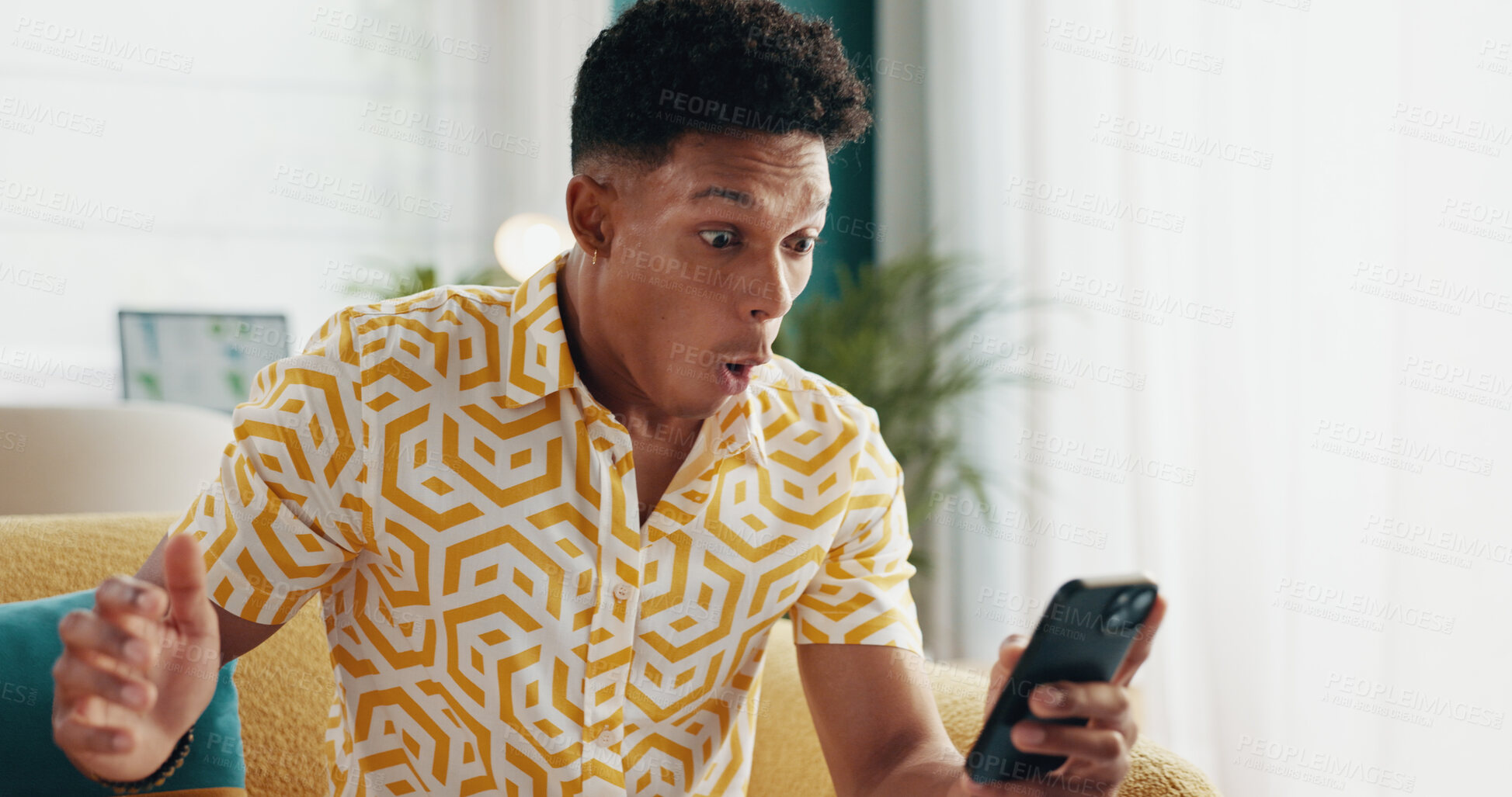 Buy stock photo Man, excited and phone in home for win, gambling app and online game in living room. Winner, surprise and notification on mobile for announcement, reward program and bonus achievement on lottery