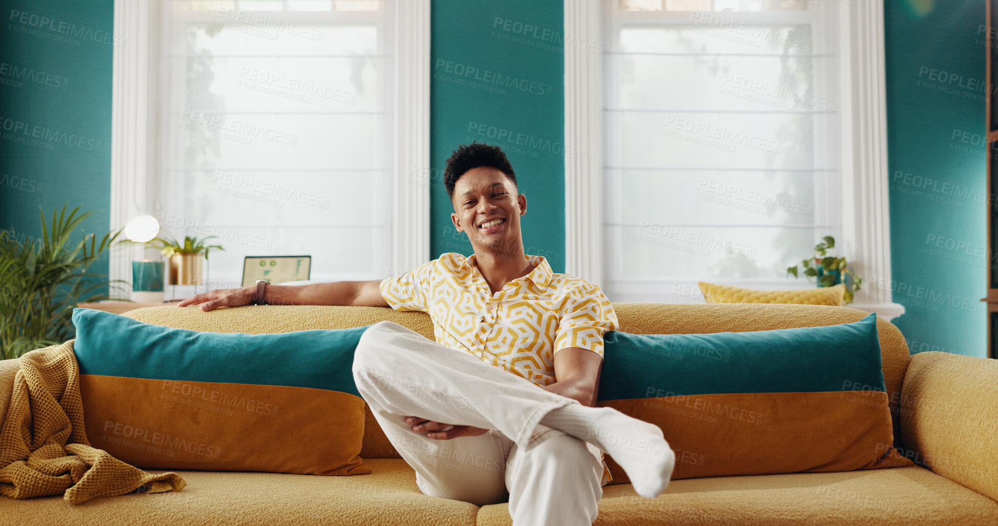 Buy stock photo Smile, man and relax for portrait on couch with peace, calm weekend and carefree break. Happy, male person and rest on sofa with comfort, stress relief and self care in living room at house
