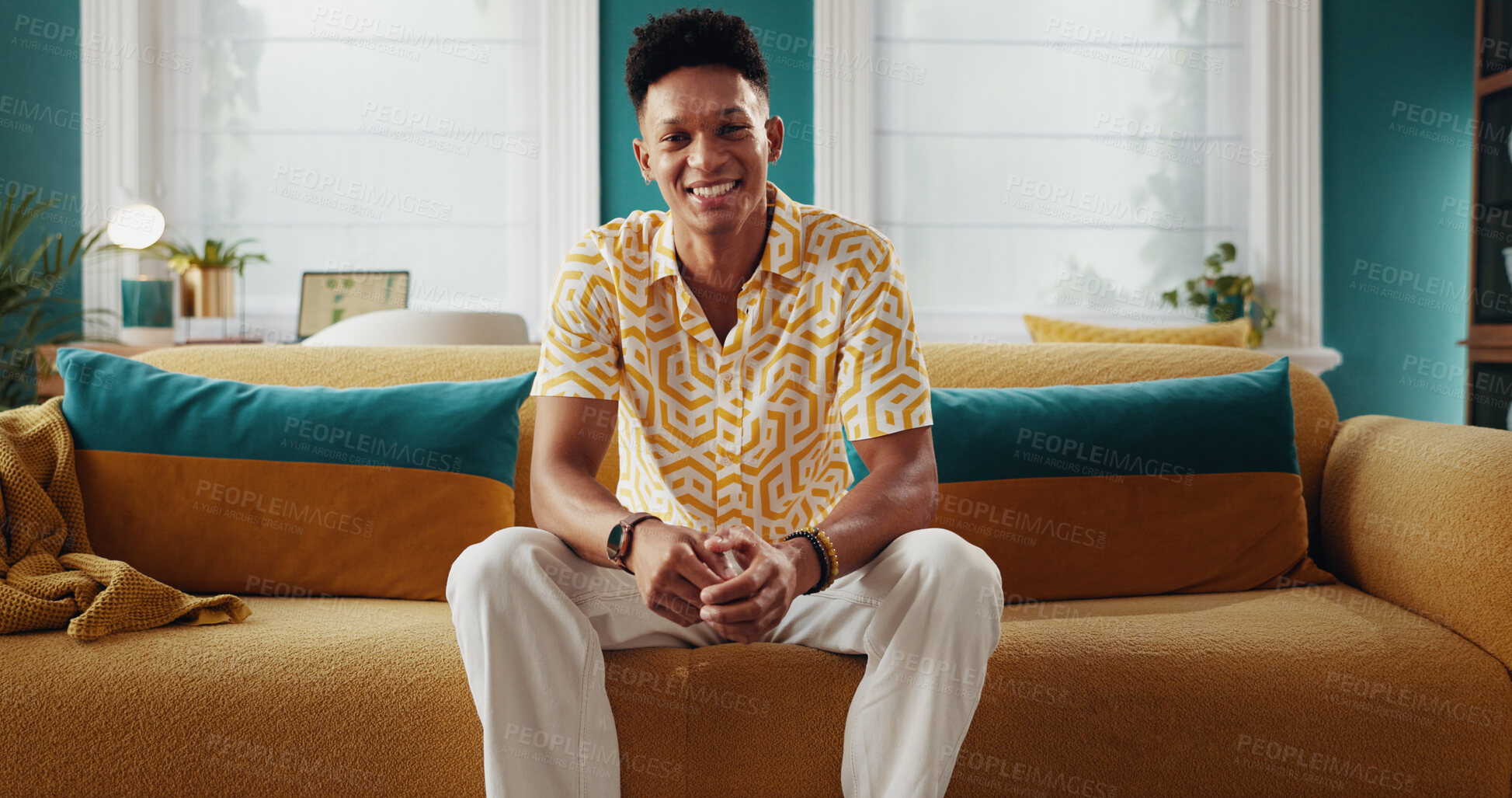 Buy stock photo Happy, man and relax for portrait on couch with peace, calm weekend and carefree break. Smile, male person and rest on sofa with comfort, stress relief and self care in living room at house
