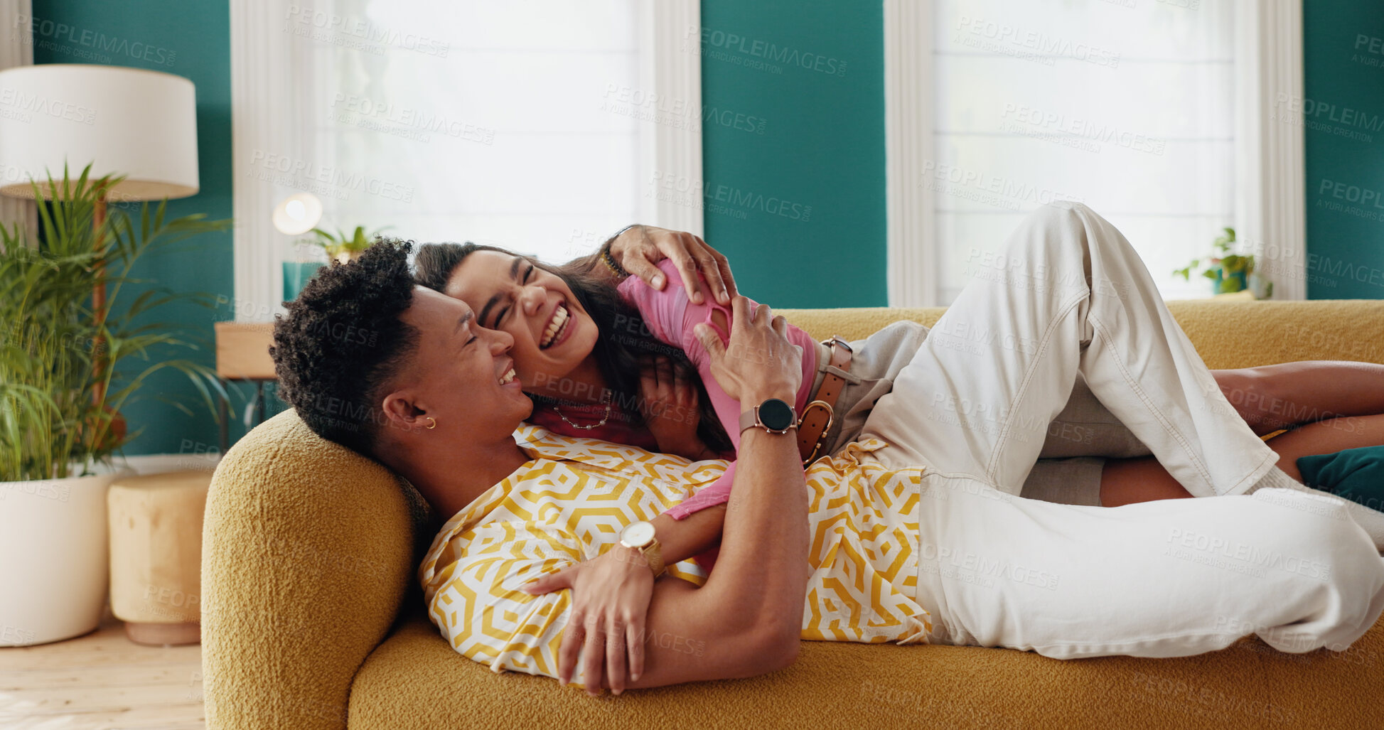 Buy stock photo Laughing, couch or happy couple hug to relax in home for support or relationship together. Love, humor or people on sofa in house for funny joke or bonding with care, comfort or romantic connection