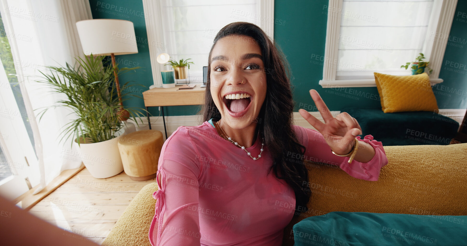 Buy stock photo House, peace sign and woman with selfie, smile and confidence with influencer in lounge. Portrait, person and girl with happiness, excited and hand gesture with video call and online chatting