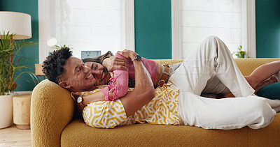 Buy stock photo Love, couch or happy couple hug to relax in home for support or anniversary together. Peace, laughing or people in apartment for trust, loyalty or bonding with care, comfort or romantic connection